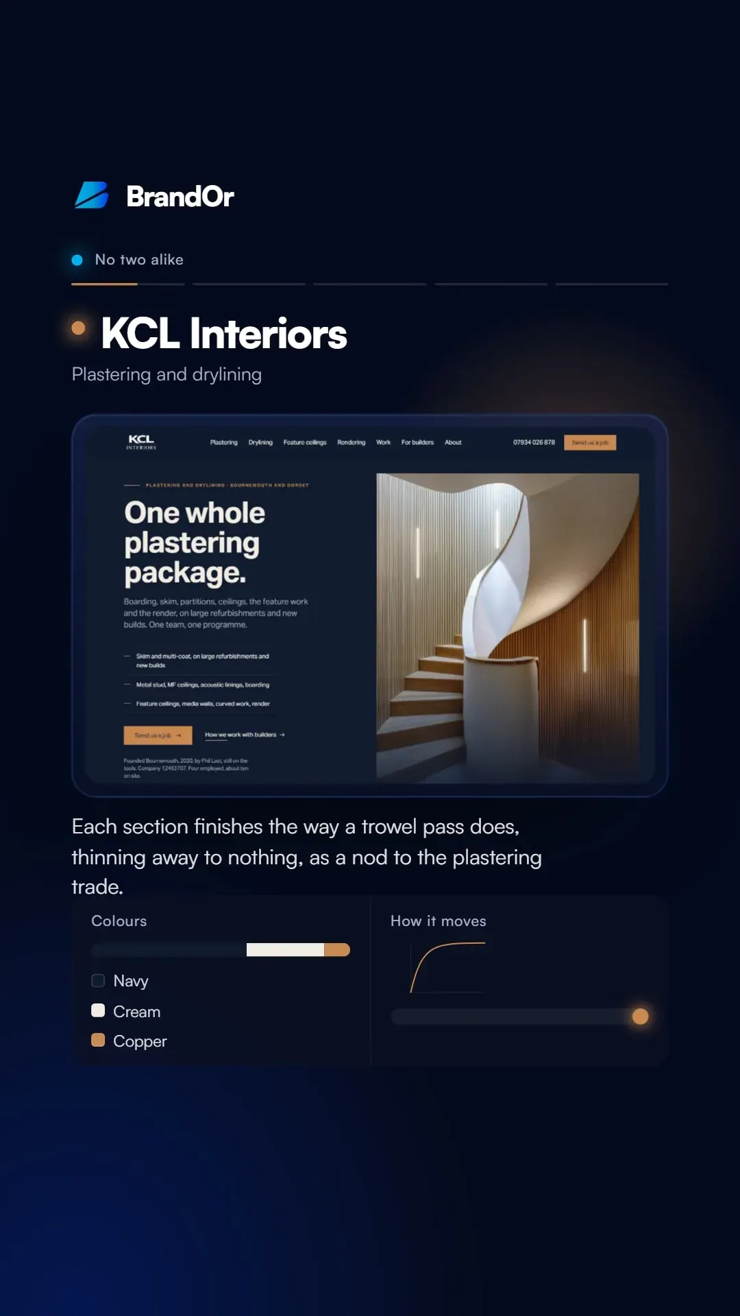 KCL Interiors’ website on a dark navy ground, with its three colours, navy, cream and copper, and a curve showing how it moves.
