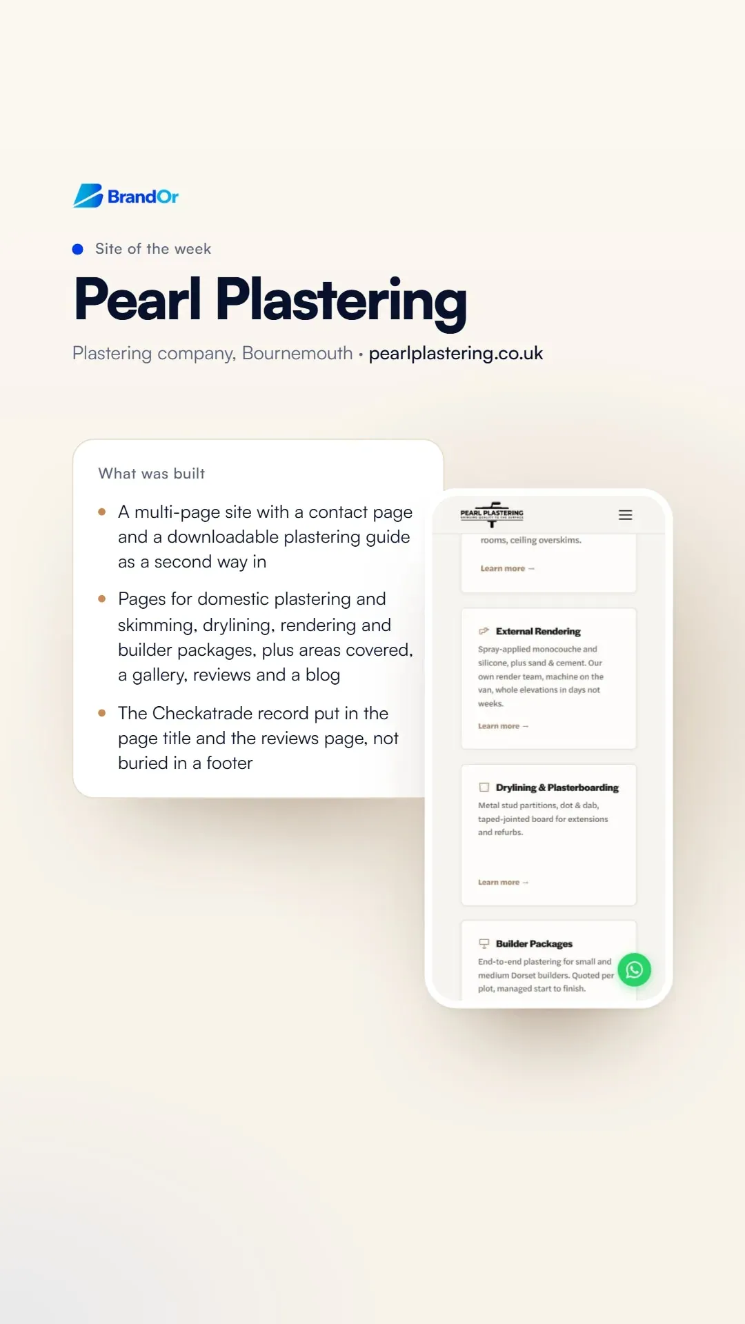 Pearl Plastering’s website on a phone beside a card listing what was built for them, under the heading Site of the week.