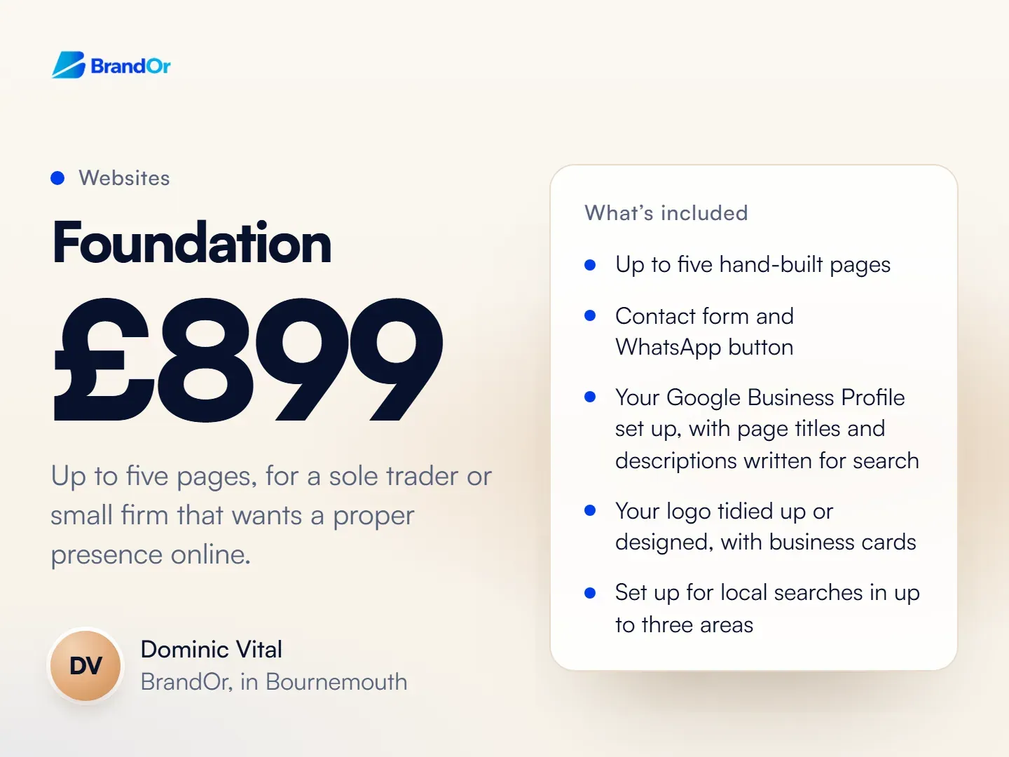 A BrandOr post headed Websites: Foundation, £899, up to five pages, with a card listing what is included.