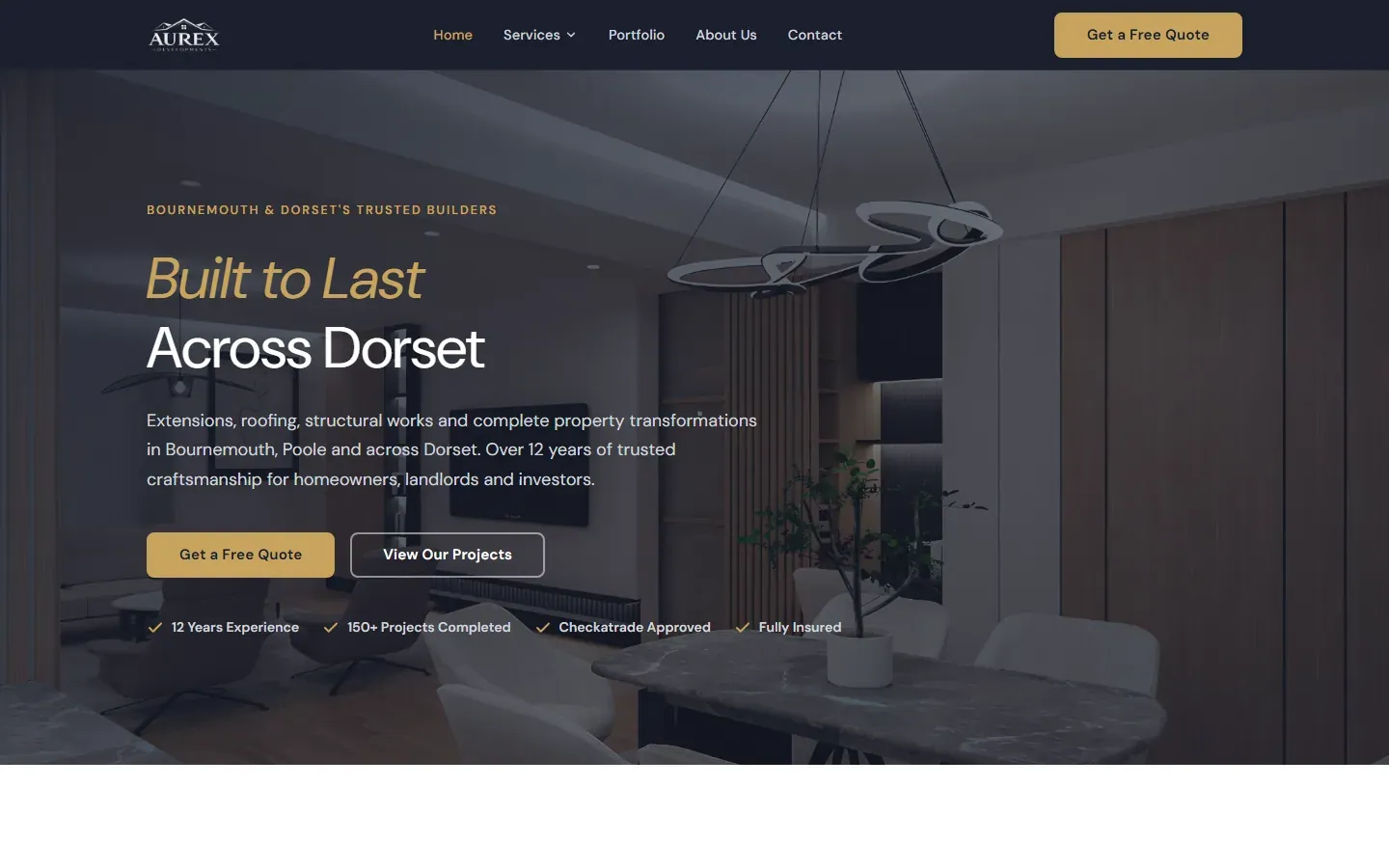 Aurex Developments website, home page on a desktop screen