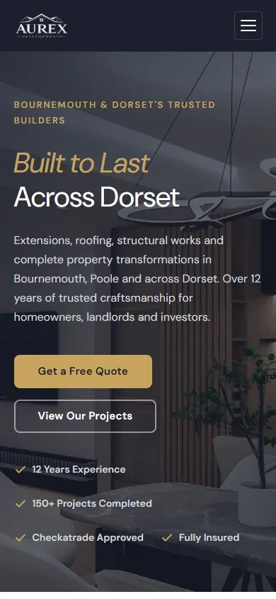 Aurex Developments website, home page on a phone