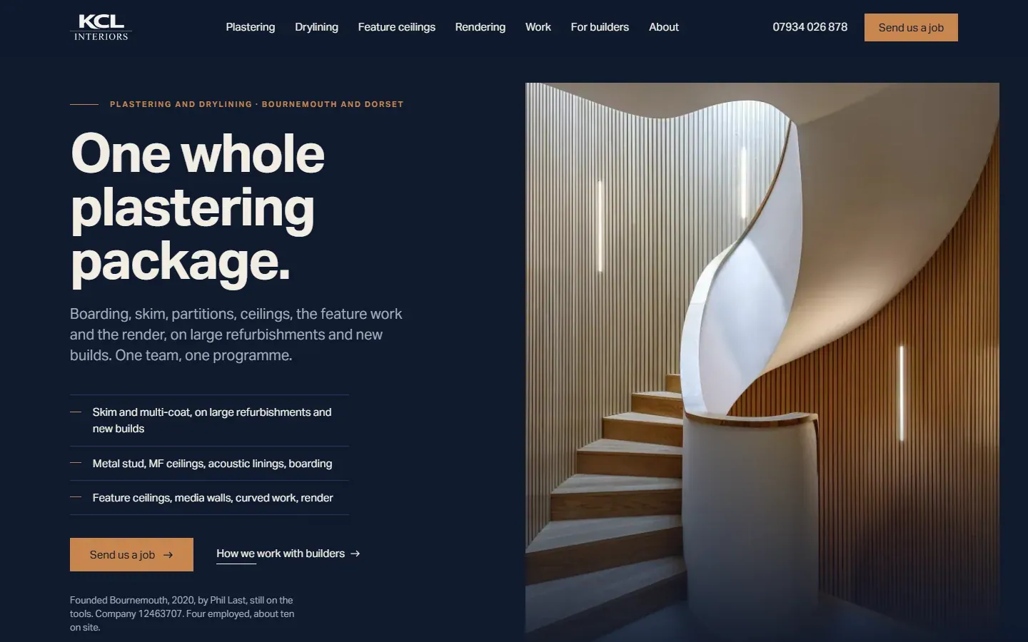 KCL Interiors website, home page on a desktop screen