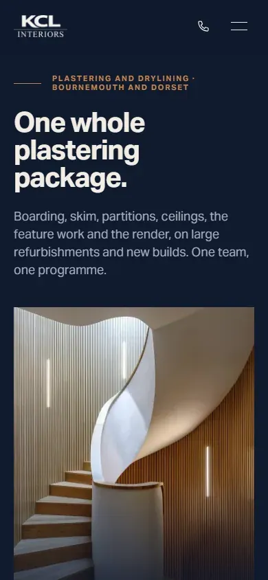 KCL Interiors website, home page on a phone