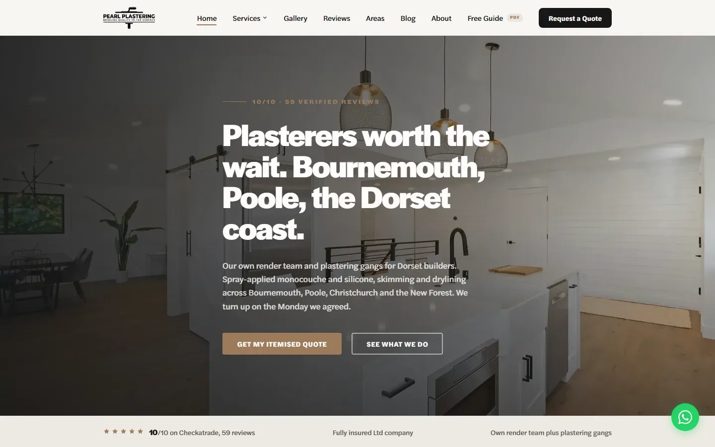 Pearl Plastering website, home page on a desktop screen