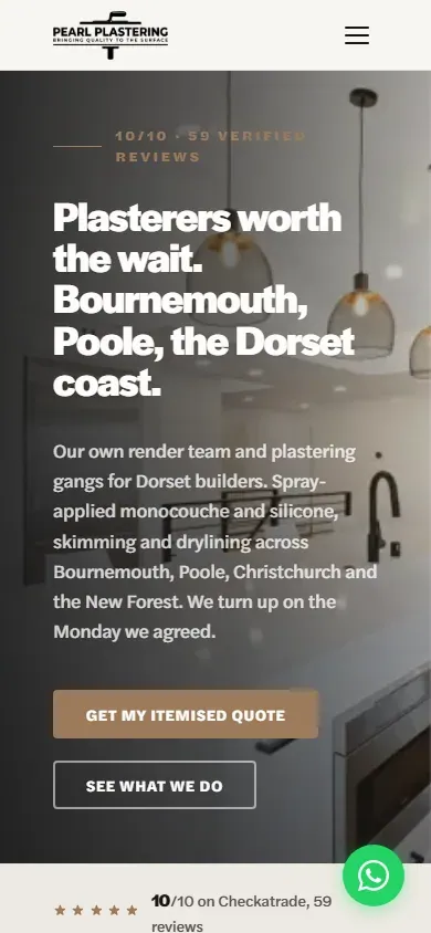 Pearl Plastering website, home page on a phone