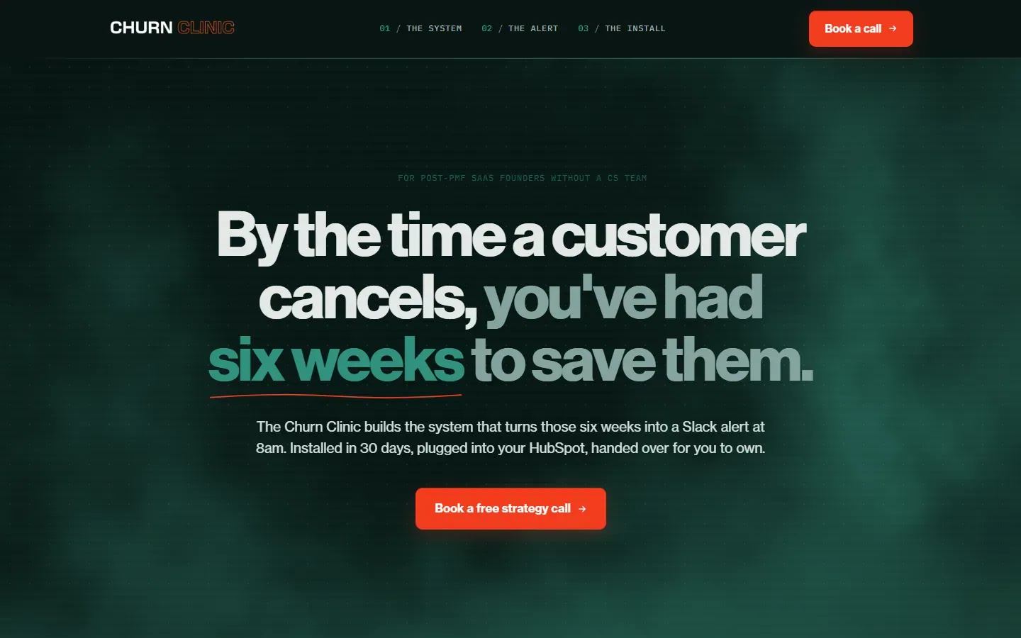 The Churn Clinic website, home page on a desktop screen