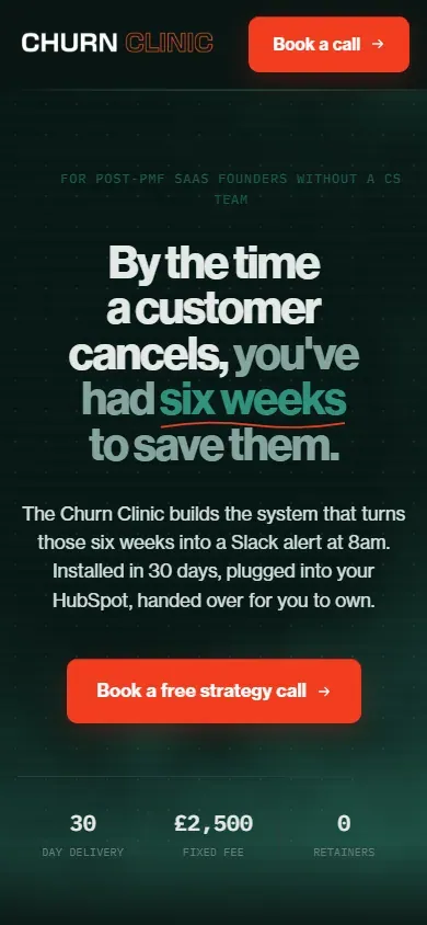 The Churn Clinic website, home page on a phone